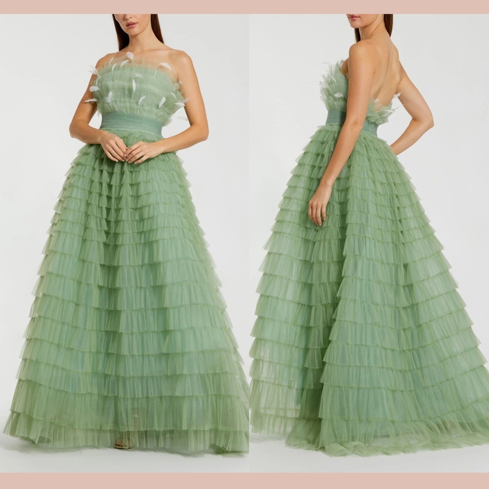 NWT Mac Duggal [ 12 ] 20530 Feather Strapless Tulle Ruffle Gown in‎ Sage J1724